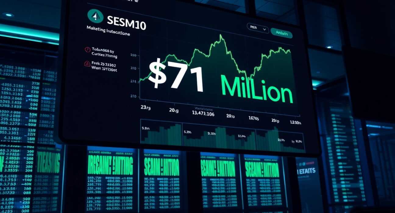Digital screen showing a crypto portfolio with ANSEM token value at $71 million and an upward chart trend.
