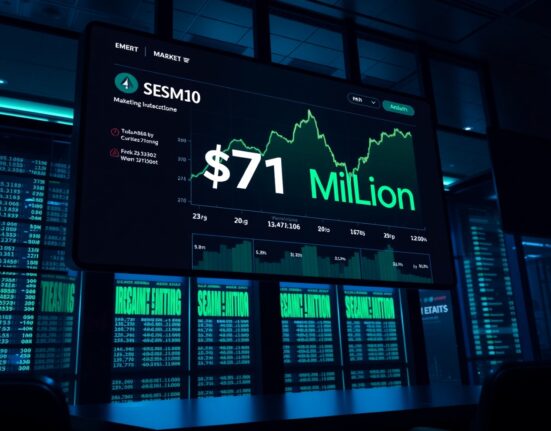 Digital screen showing a crypto portfolio with ANSEM token value at $71 million and an upward chart trend.