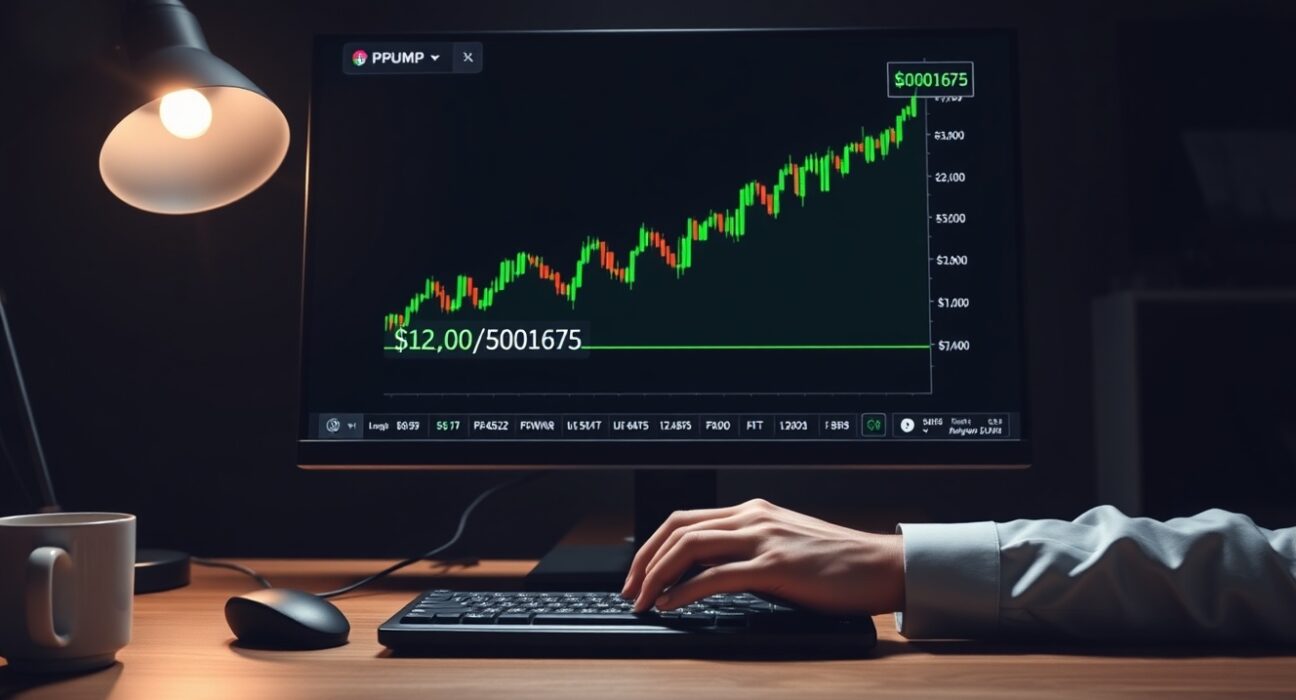 A trading monitor displaying a candlestick chart with PUMP token price level highlighted in a professional office setting.