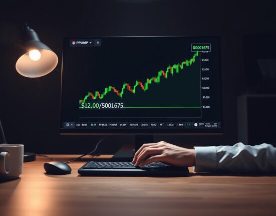 A trading monitor displaying a candlestick chart with PUMP token price level highlighted in a professional office setting.