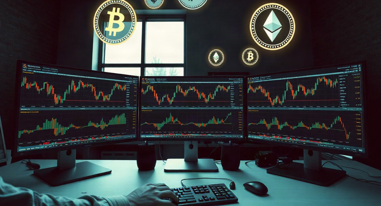 Analyst monitors showing crypto charts with Bitcoin, Ethereum, Solana, HYPE, and PUMP tokens