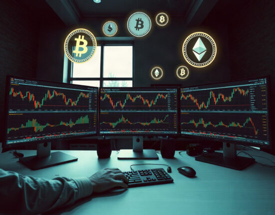 Analyst monitors showing crypto charts with Bitcoin, Ethereum, Solana, HYPE, and PUMP tokens