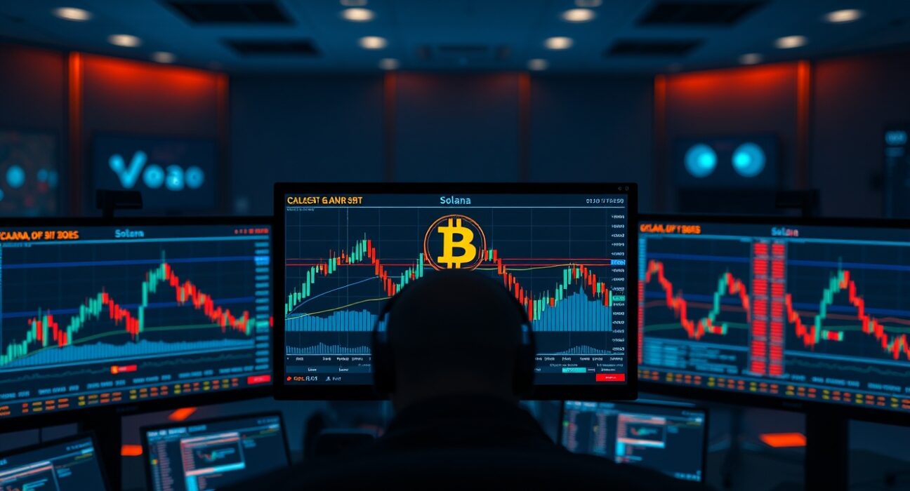 Cryptocurrency trading charts on monitors showing a market dip and potential recovery pattern.