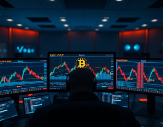 Cryptocurrency trading charts on monitors showing a market dip and potential recovery pattern.