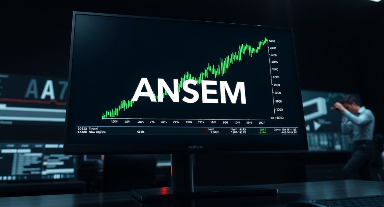 Digital display showing ANSEM memecoin price chart with a sharp upward trend in a dimly lit trading environment.