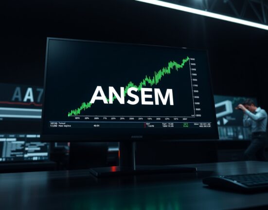 Digital display showing ANSEM memecoin price chart with a sharp upward trend in a dimly lit trading environment.