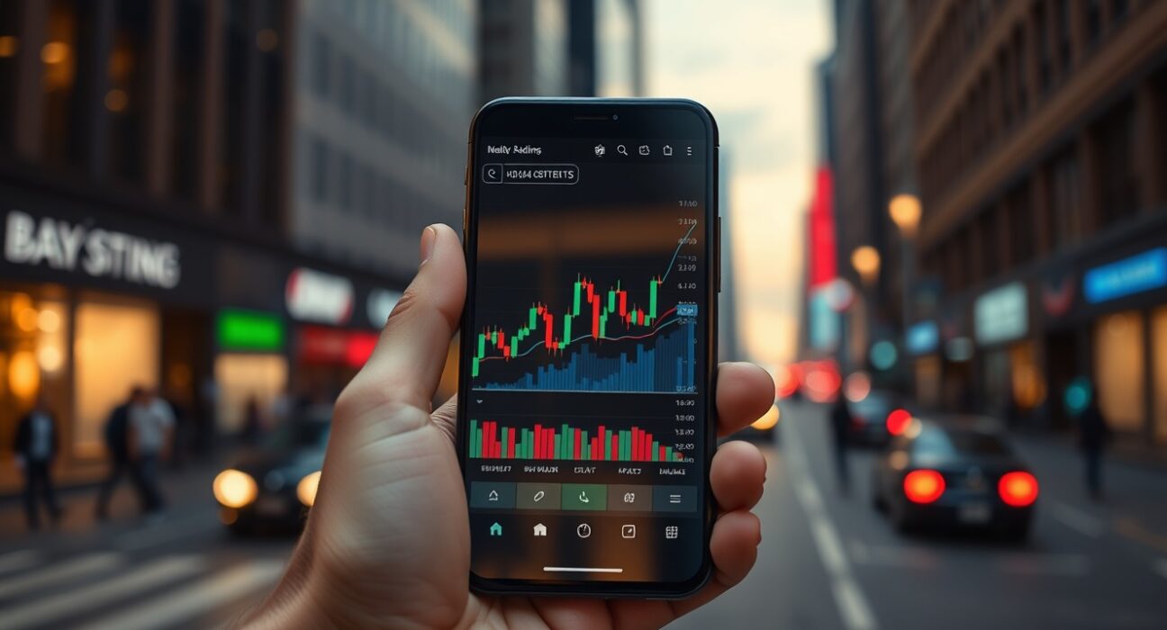 A hand holding a smartphone displaying a crypto trading chart with an upward trend, set against a city backdrop at dusk.