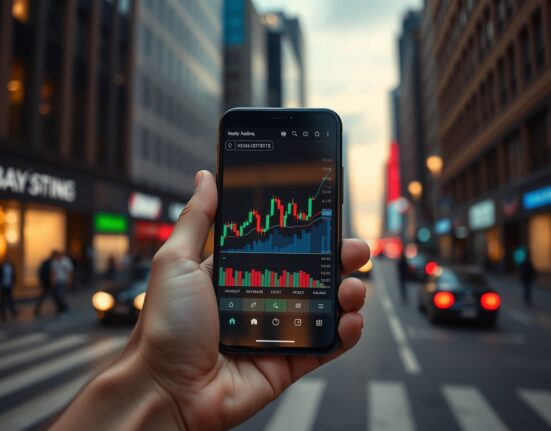 A hand holding a smartphone displaying a crypto trading chart with an upward trend, set against a city backdrop at dusk.