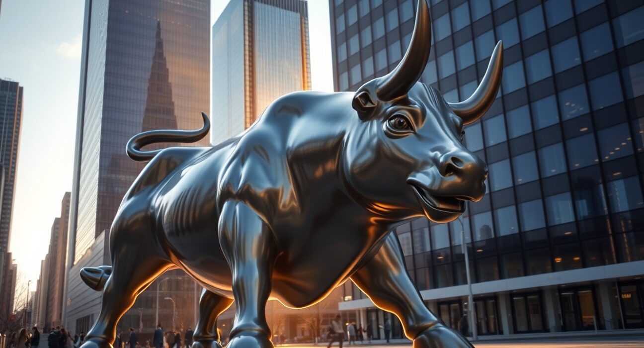 A bull statue in a financial district at sunrise, representing a bullish Solana market prediction.