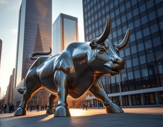 A bull statue in a financial district at sunrise, representing a bullish Solana market prediction.