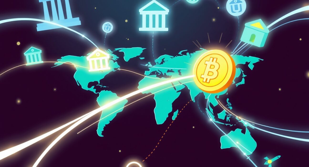 A vibrant cartoon illustrating a cross-border tokenized deposit traveling across a global digital financial network.