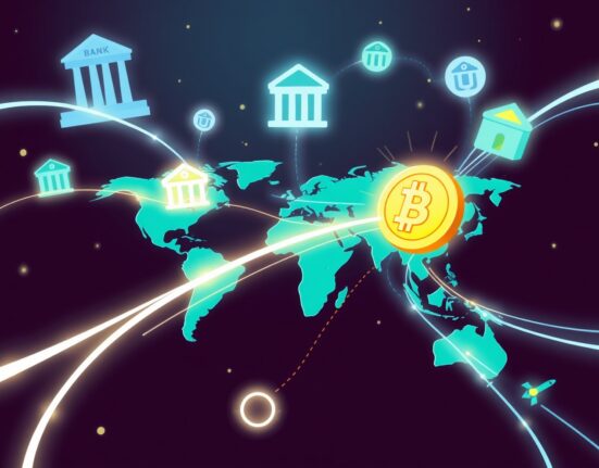 A vibrant cartoon illustrating a cross-border tokenized deposit traveling across a global digital financial network.