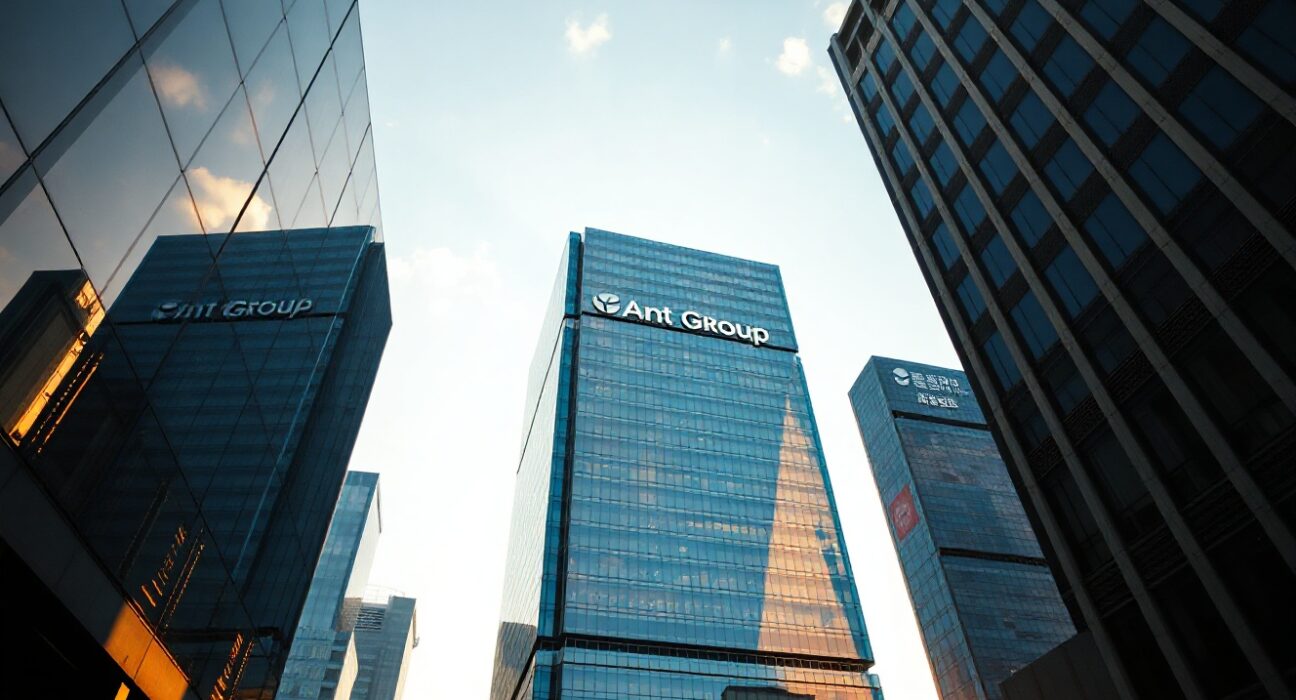 Exterior view of Ant Group's corporate headquarters in Shanghai, representing the company's global expansion and fundraising efforts.