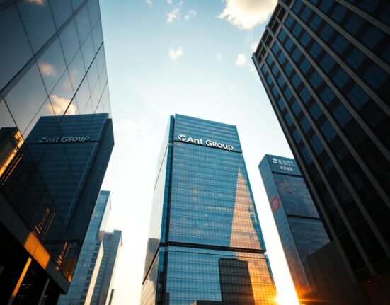 Exterior view of Ant Group's corporate headquarters in Shanghai, representing the company's global expansion and fundraising efforts.
