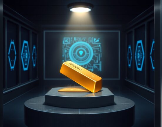 Tokenized gold investment represented by physical gold bar and digital finance technology.