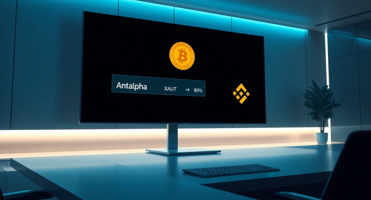 Digital wallet interface showing Antalpha-linked address transferring XAUT gold tokens to Binance exchange, representing a $9.2 million deposit.