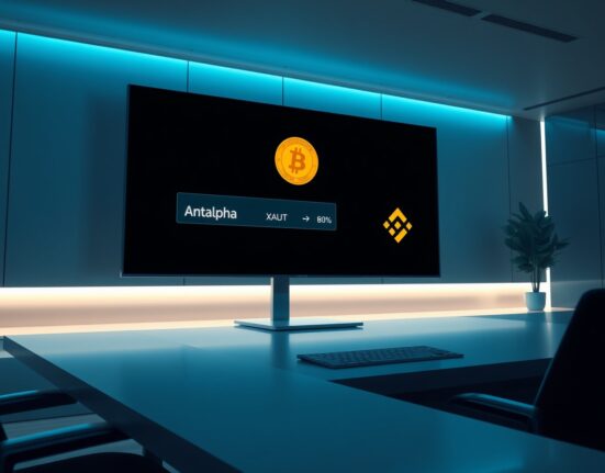 Digital wallet interface showing Antalpha-linked address transferring XAUT gold tokens to Binance exchange, representing a $9.2 million deposit.