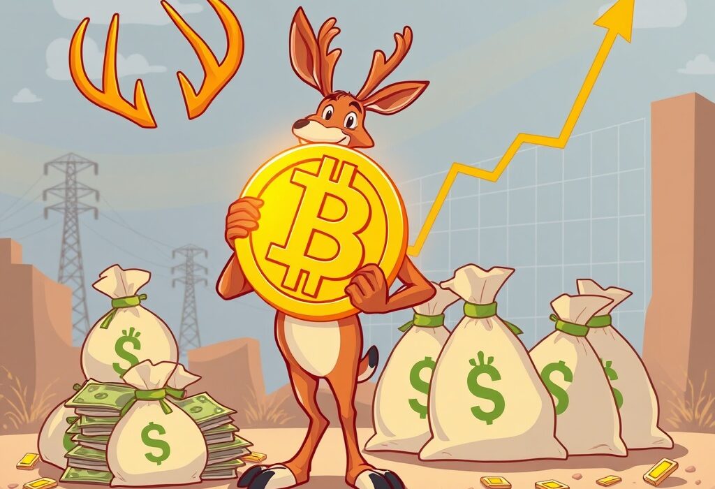A cartoon antelope mascot holding a Bitcoin, symbolizing Antelope Enterprise's strategic Bitcoin investment and financial growth.