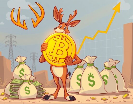 A cartoon antelope mascot holding a Bitcoin, symbolizing Antelope Enterprise's strategic Bitcoin investment and financial growth.