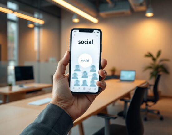 Smartphone displaying a social Web3 wallet interface in a modern office setting