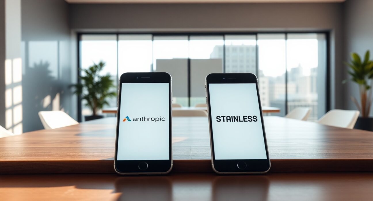 Anthropic and Stainless logos on smartphones in a modern office setting