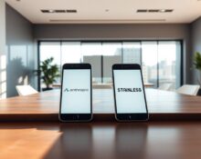 Anthropic and Stainless logos on smartphones in a modern office setting