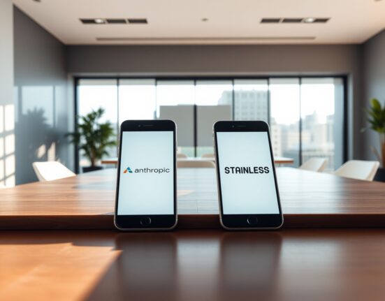 Anthropic and Stainless logos on smartphones in a modern office setting