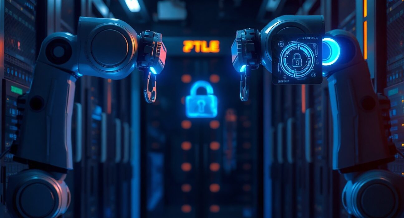 AI agents in a server room facing off over conflicting tasks, representing multi-agent conflicts