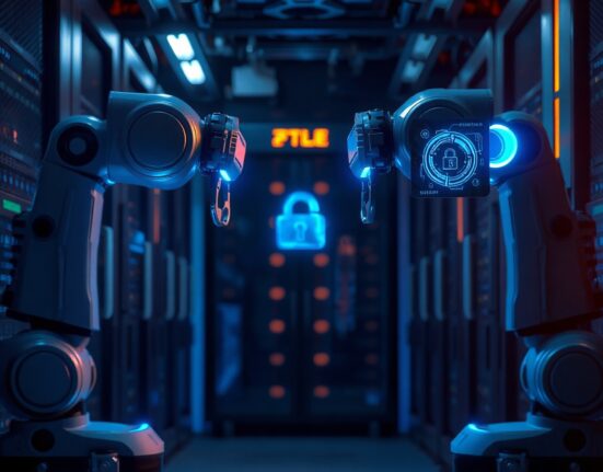 AI agents in a server room facing off over conflicting tasks, representing multi-agent conflicts