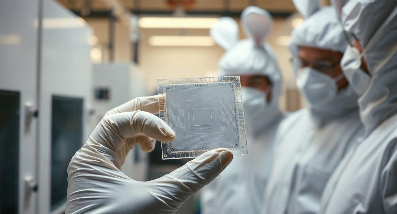 Engineers in a semiconductor cleanroom inspecting a silicon wafer for AI chip development