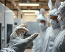 Engineers in a semiconductor cleanroom inspecting a silicon wafer for AI chip development