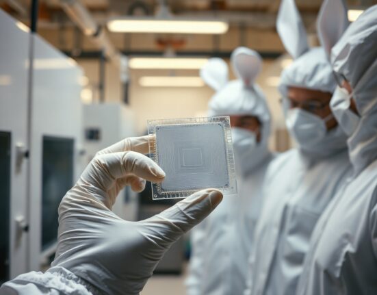 Engineers in a semiconductor cleanroom inspecting a silicon wafer for AI chip development