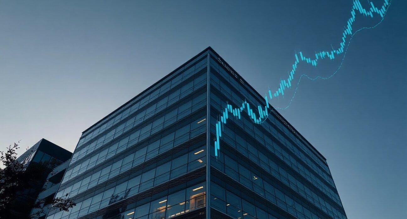 Anthropic corporate headquarters building with digital growth indicators in the sky at dusk