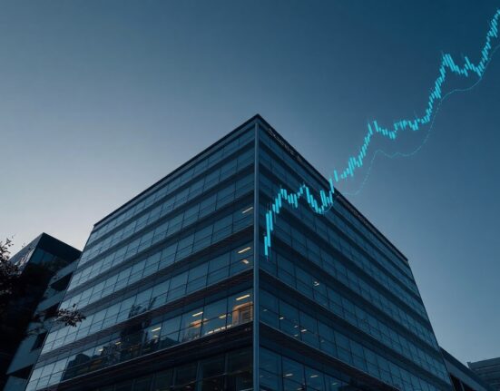 Anthropic corporate headquarters building with digital growth indicators in the sky at dusk