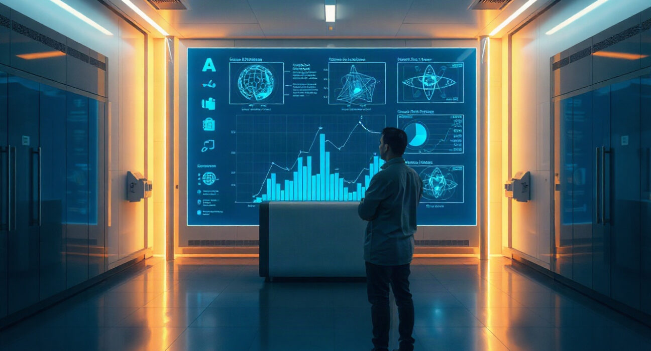 AI researcher observing holographic neural network displays in a modern lab