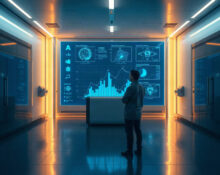 AI researcher observing holographic neural network displays in a modern lab