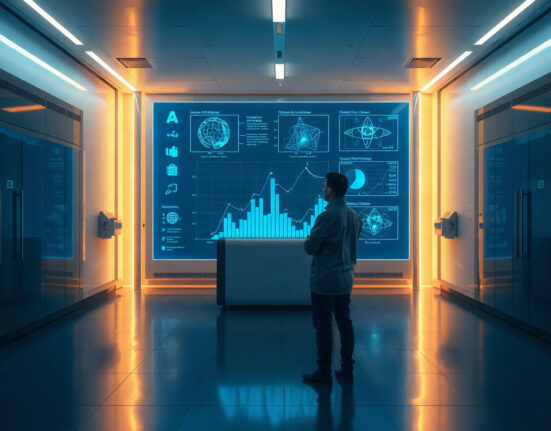 AI researcher observing holographic neural network displays in a modern lab