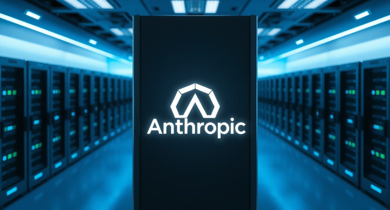 Anthropic server room with glowing logo, representing AI company affected by US government ban