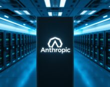 Anthropic server room with glowing logo, representing AI company affected by US government ban