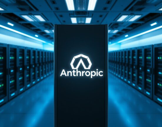 Anthropic server room with glowing logo, representing AI company affected by US government ban