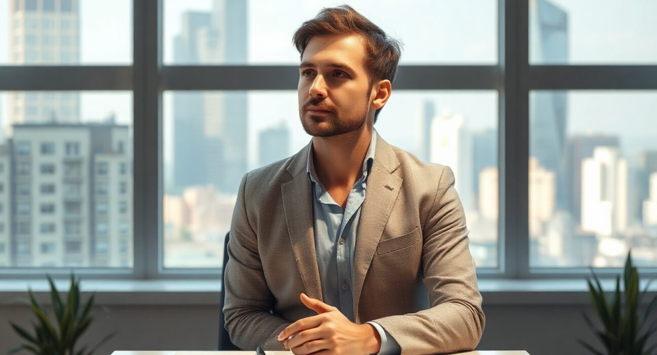Dario Amodei, CEO of Anthropic, in a modern office setting with a contemplative expression