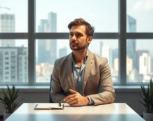Dario Amodei, CEO of Anthropic, in a modern office setting with a contemplative expression