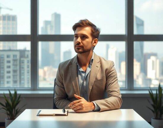 Dario Amodei, CEO of Anthropic, in a modern office setting with a contemplative expression