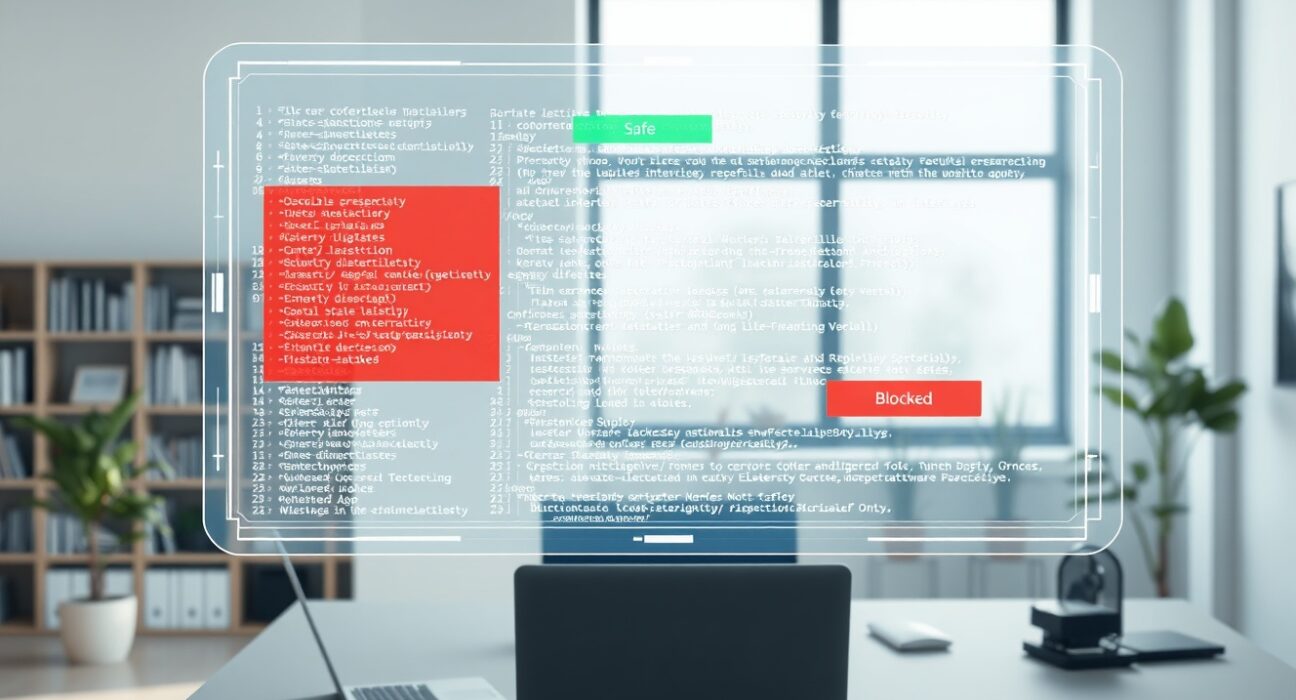 Claude auto mode AI interface reviewing code with safety overlays in a developer workspace.