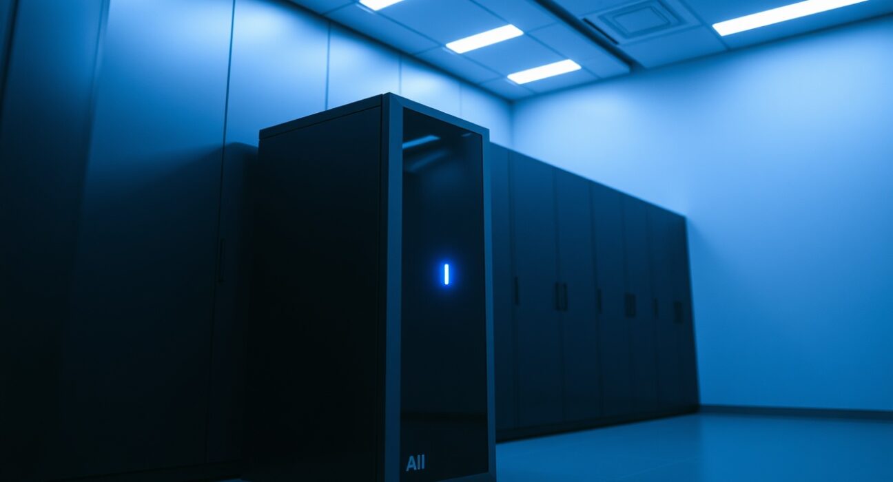 Anthropic Claude AI server in a data center with blue LED light