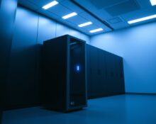 Anthropic Claude AI server in a data center with blue LED light
