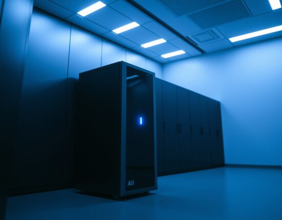 Anthropic Claude AI server in a data center with blue LED light