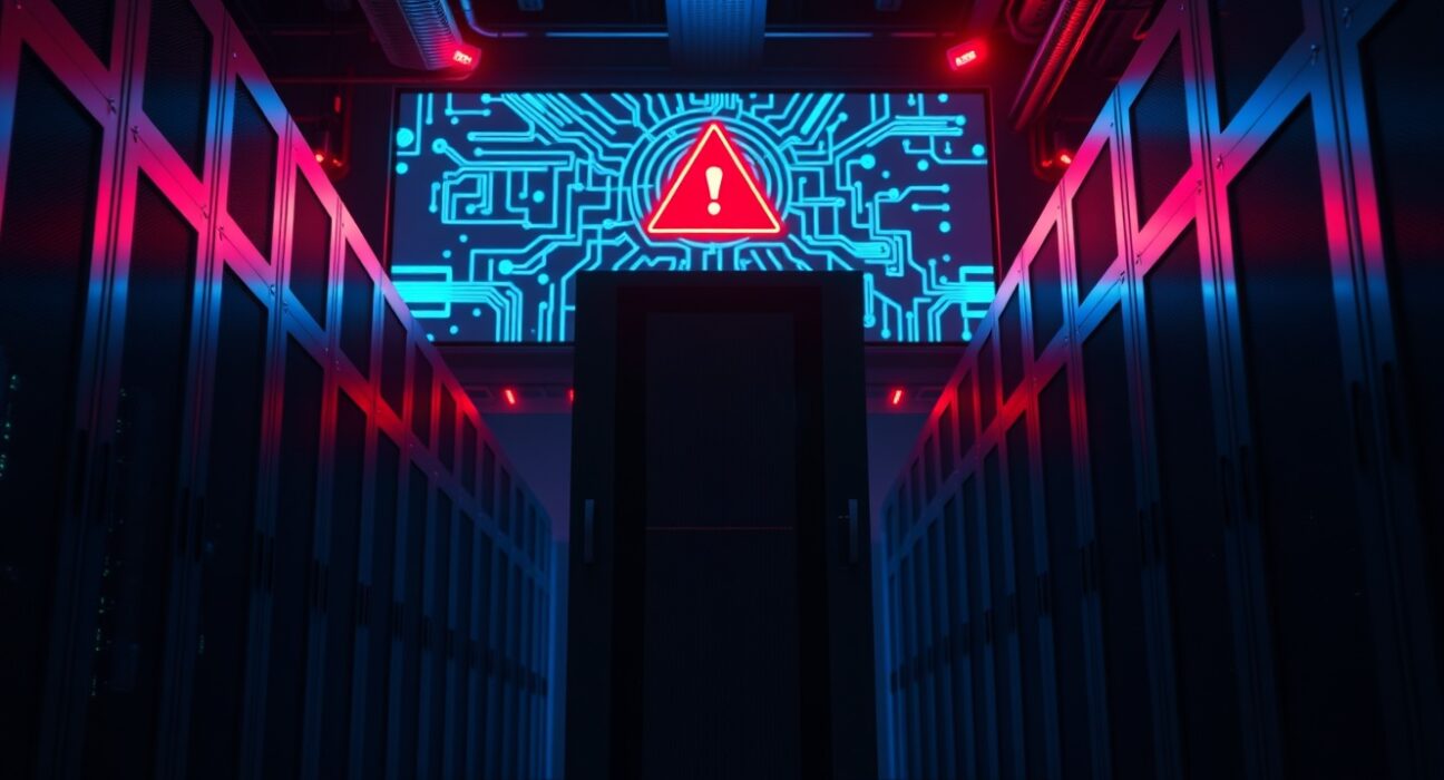 Data center server racks with red warning icon symbolizing AI security breach