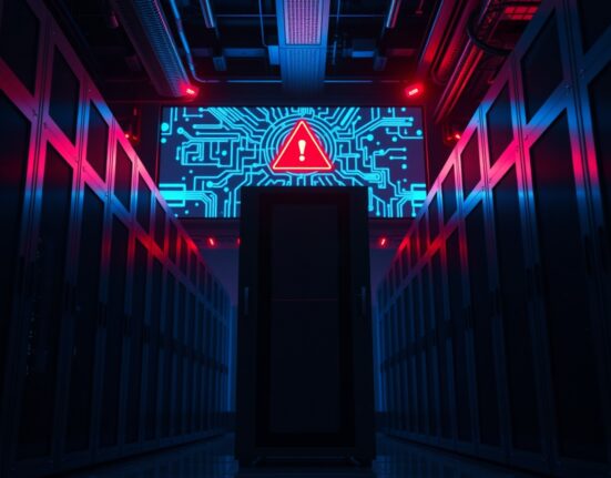Data center server racks with red warning icon symbolizing AI security breach