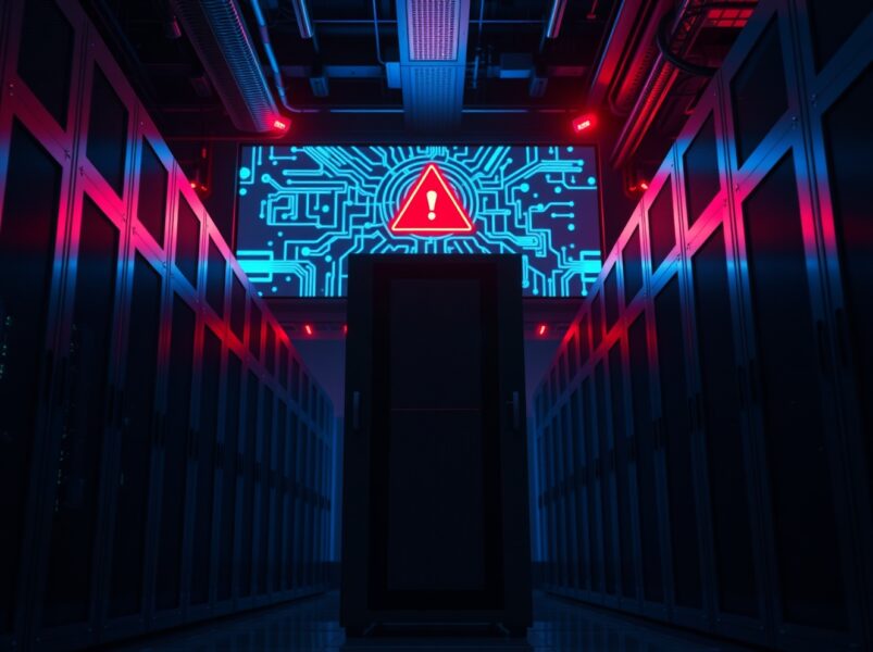 Data center server racks with red warning icon symbolizing AI security breach